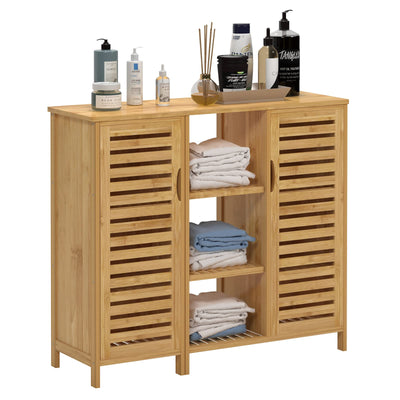 sogesfurniture Badschrank Bambus, Badezimmerschrank, Beistellschrank mit 4 Ablagen und 2 Lamellentüren Aufbewahrungsschrank für Badezimmer, Wohnzimmer, Küche, 100x33x87cm