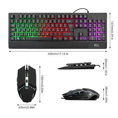 Rii Gaming RK400+ (italienisches Layout) - Set aus Tastatur und Maus, LED-Hintergrundbeleuchtung 7 Farben (Regenbogen), Anti-Ghosting, Empfindlichkeit einstellbar bis zu 3.200 dpi