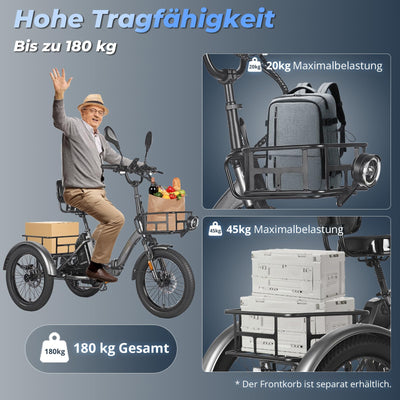 Fafrees E Bike 3 Rad, F20 Mate ebike klapprad Lastenfahrrad 20"*3.0 Zoll, e Bike Dreirad für Erwachsene 48V 21Ah Akku, 65N.m 25km/h, Dreirad für senioren (Kleiner hinterer Korb, Blau)