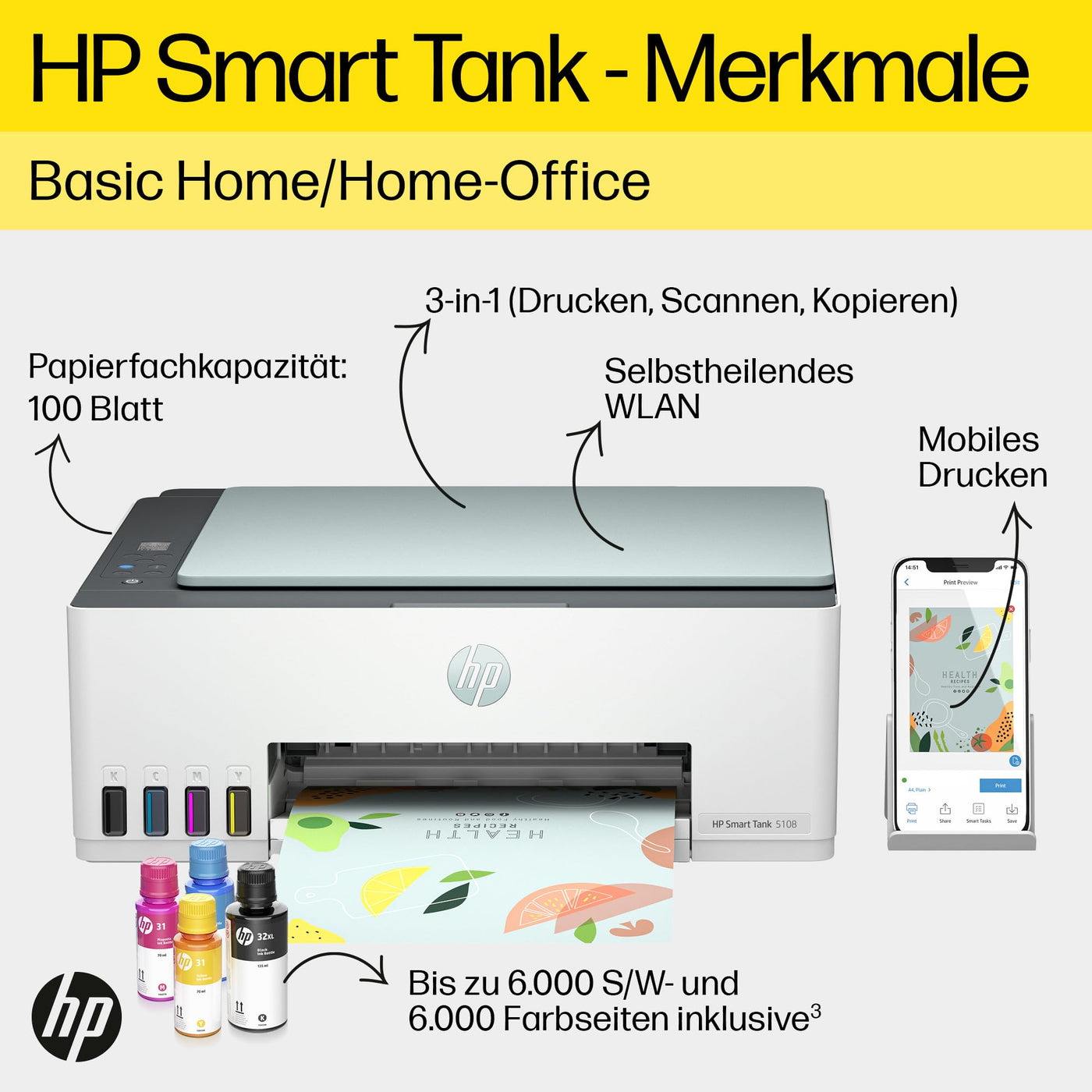 HP Smart Tank 5108 3-in-1 Multifunktionsdrucker (WLAN; Mobiles Drucken) – 3 Jahre Tinte inklusive, 3 Jahre Garantie, großer Tintentank, hohe Reichweite, Drucken in hoher Qualität