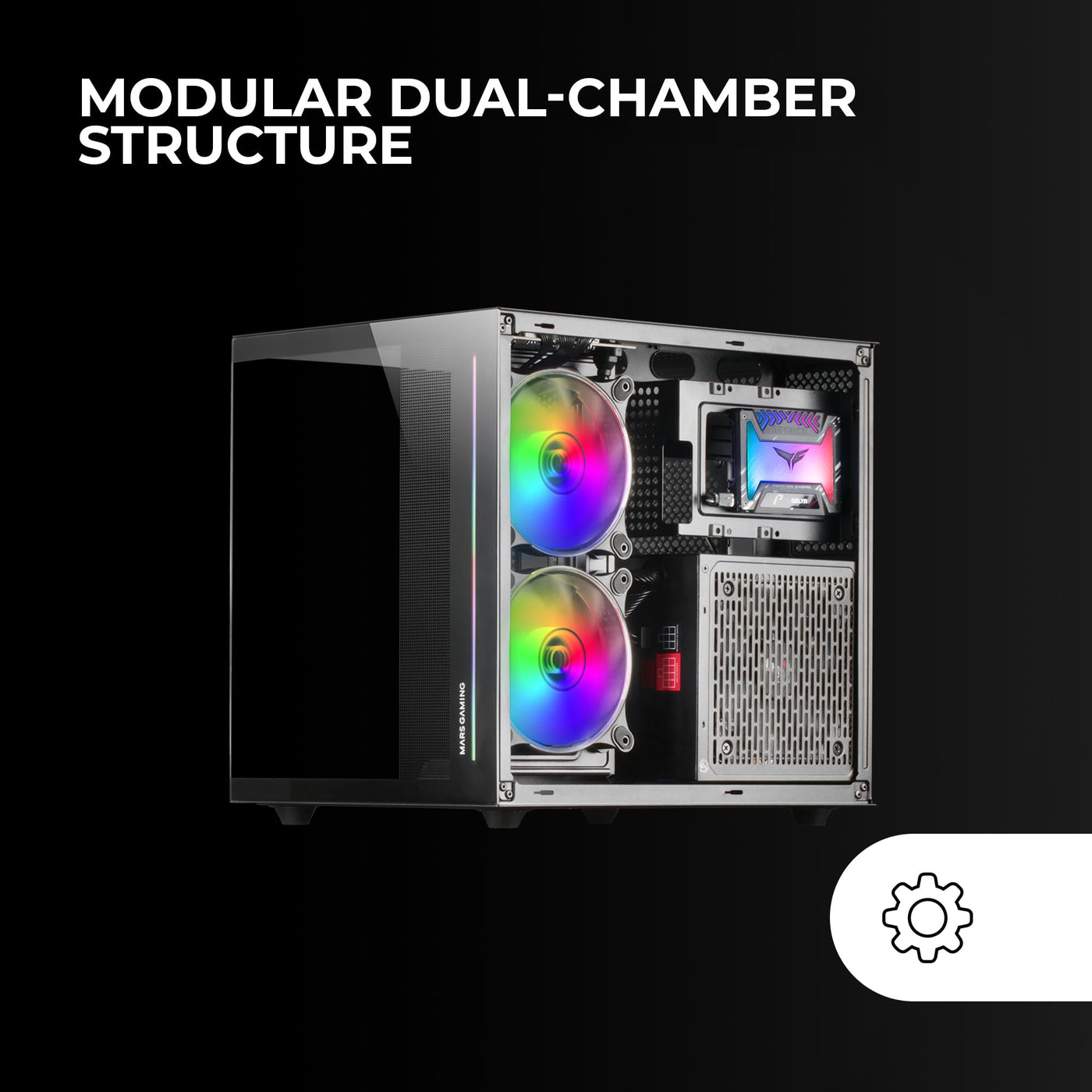 Mars Gaming MC-View Schwarz, Micro-ATX Mini Gaming Tower Gehäuse, 90° Gehärtetes Glas ohne Rahmen, Modulares Doppelkammer-Design, Volle Unterstützung für Flüssigkeitskühlung