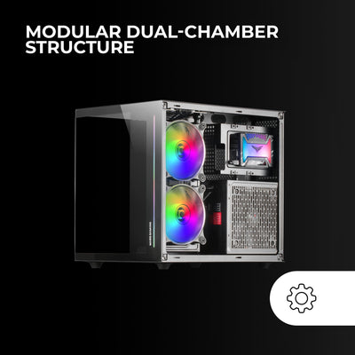 Mars Gaming MC-View Schwarz, Micro-ATX Mini Gaming Tower Gehäuse, 90° Gehärtetes Glas ohne Rahmen, Modulares Doppelkammer-Design, Volle Unterstützung für Flüssigkeitskühlung