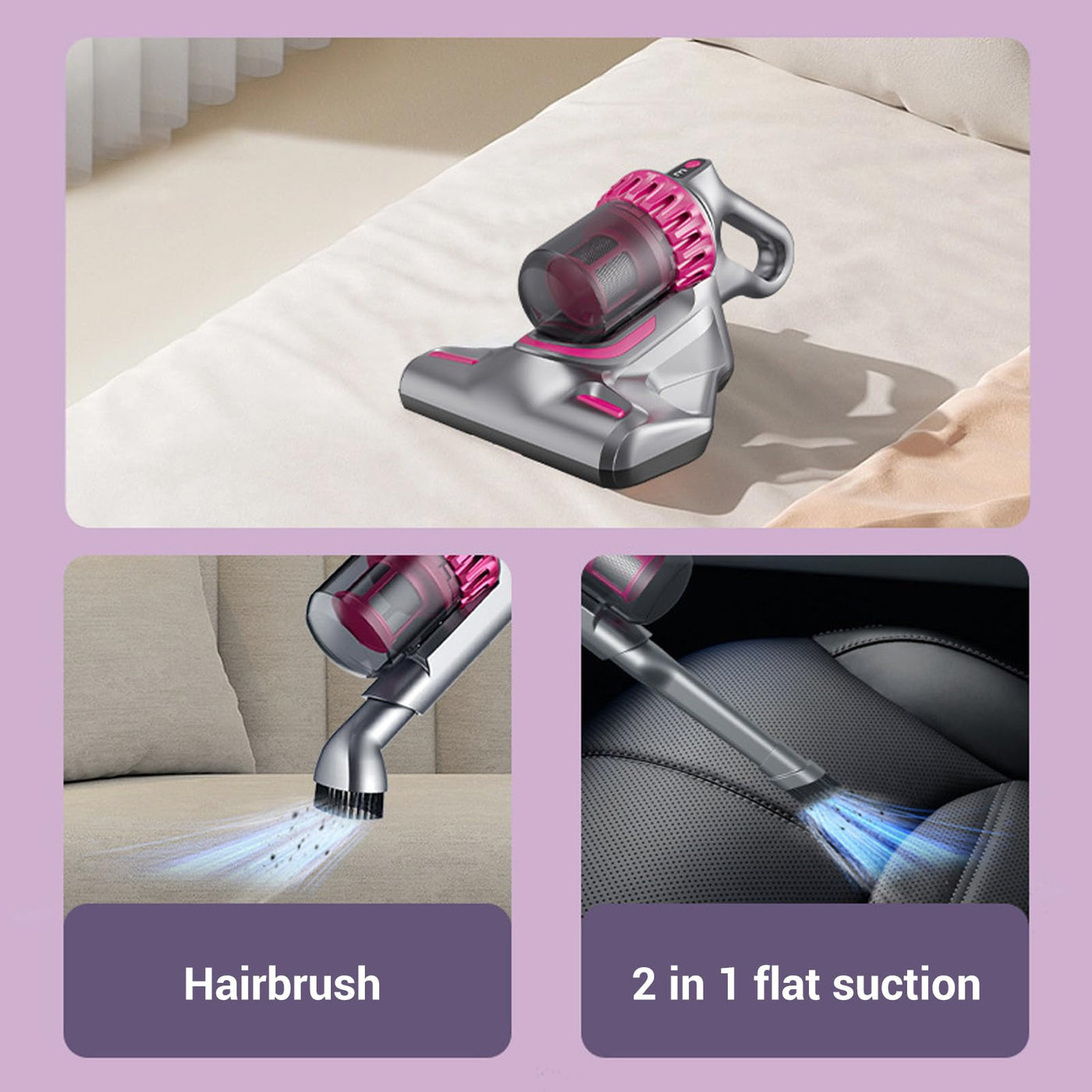 10 KPa Hochfrequenz-Matratzenstaubsauger, Kabellos, mit Pulsationspad, LCD-Bildschirm, Drei Geschwindigkeitsanzeigen und HEPA-Filter für die Reinigung von Bettkissen, Sofas, Grau