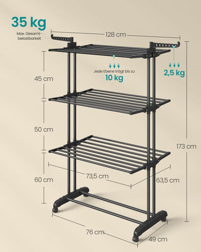 SONGMICS Wäscheständer, Standtrockner 4 Ebenen, Flügelwäscheständer, klappbare Flügel, mit Rollen, 63,5 x 128 x 173 cm, groß, einfacher Aufbau, für Innen- und Außenbereich, tintenschwarz LLR701B01