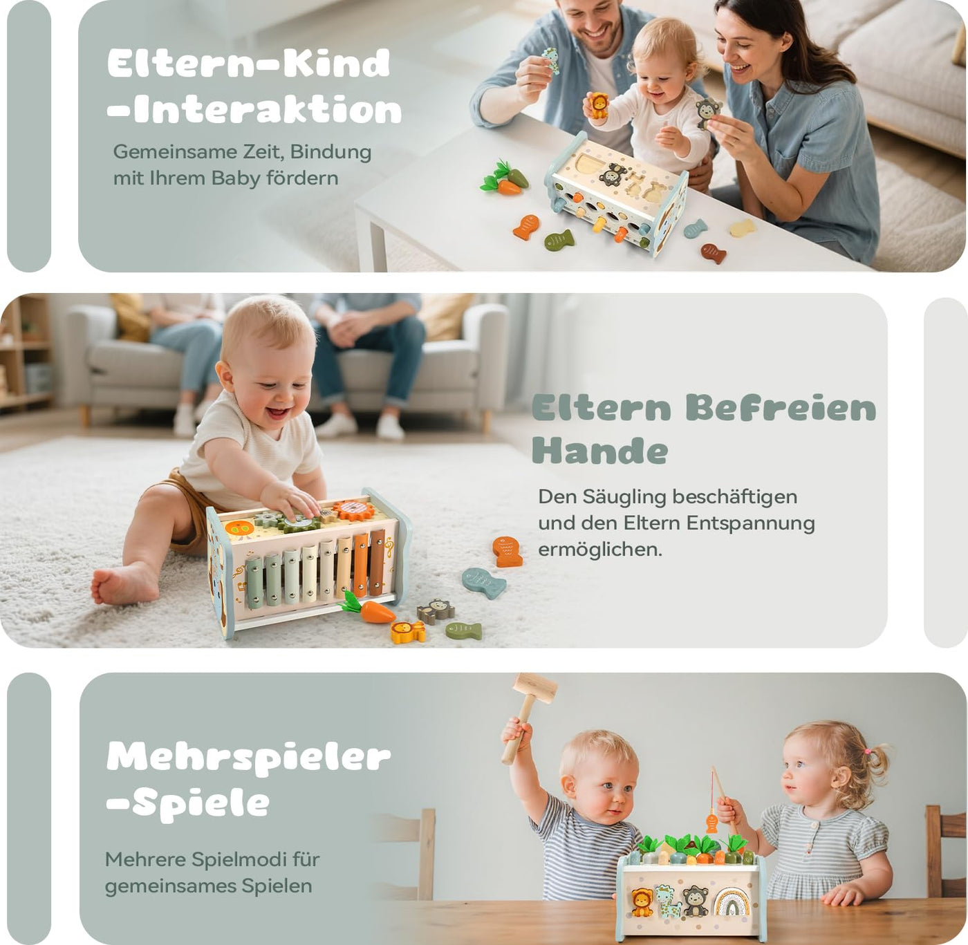 Montessori Spielzeug ab 1 Jahr, 6 in 1 Holzspielzeug ab 1 Jahr, Motorikspielzeug mit Hammerspiel Angelspiel Xylophon Rotierendes Zahnrad, Kinderspielzeug Geschenk 1 2 3 Jahre Mädchen Junge