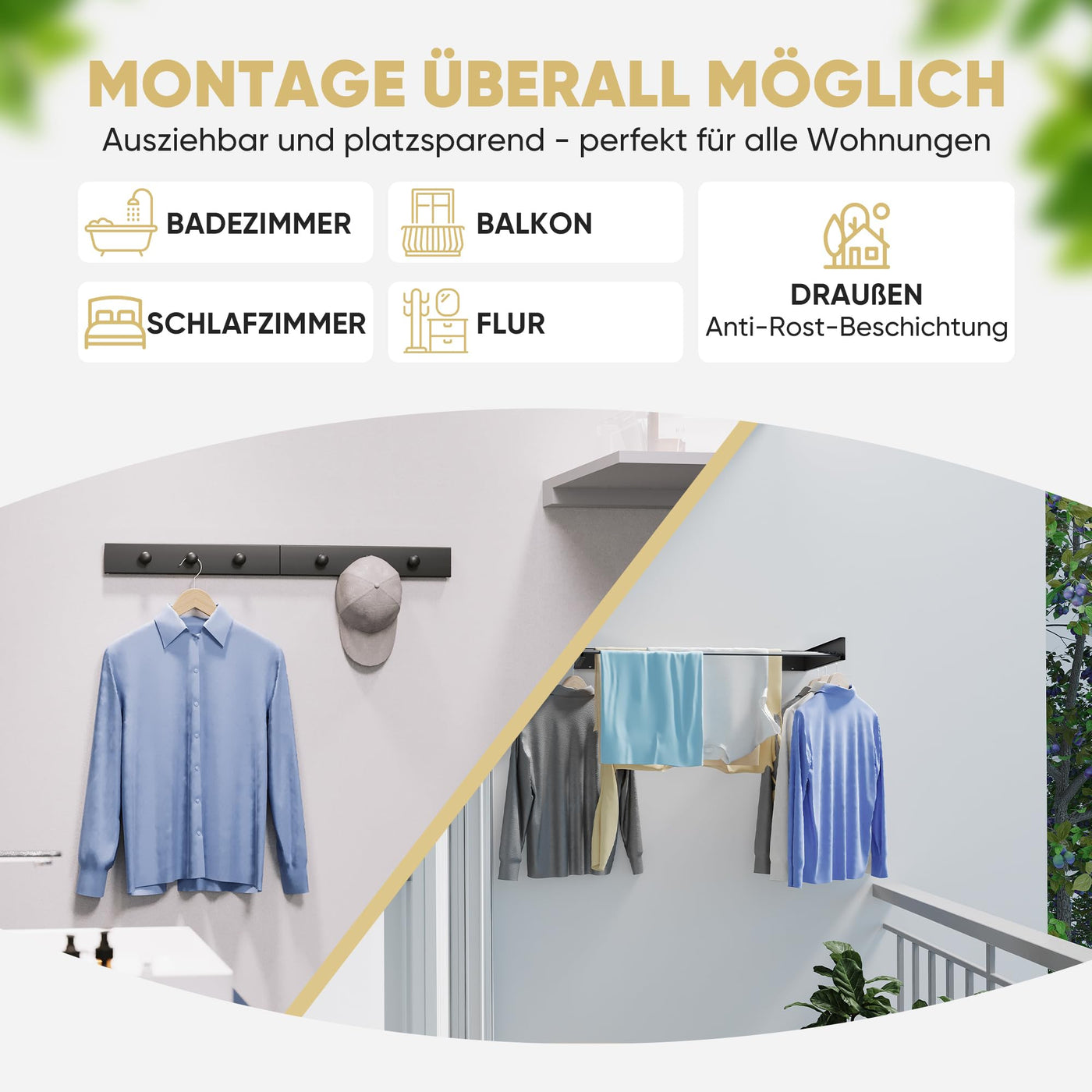 teolix Wäscheständer Wandmontage [2in1 mit extra Kleiderhaken] Ausziehbar und Platzsparend | Wäschetrockner Klein für Wand | Clothes Drying Rack Zeitlos Praktisch - (Schwarz, 80cm)