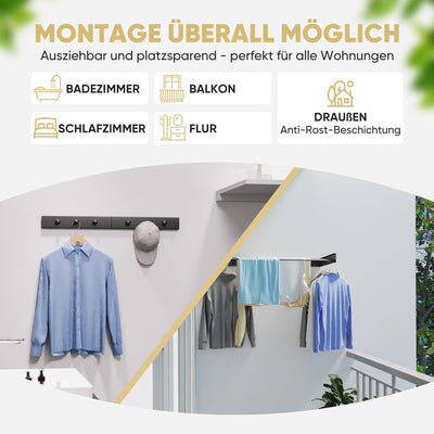 teolix Wäscheständer Wandmontage [2in1 mit extra Kleiderhaken] Ausziehbar und Platzsparend | Wäschetrockner Klein für Wand | Clothes Drying Rack Zeitlos Praktisch - (Schwarz, 80cm)