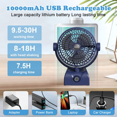 Wastou Schreibtischventilator, wiederaufladbarer USB-Tischventilator, tragbarer Turmventilator mit 10000 mAh, drehbarer Kopf, leiser Lüfter für Schlafzimmer, Büro und Desktop