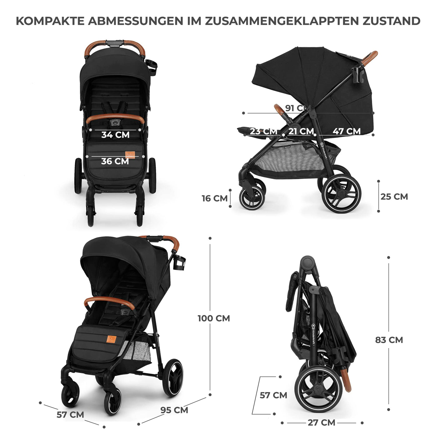 Kinderkraft GRANDE PLUS Kinderkraft buggy von Geburt bis 22 kg, Zusammenklappen mit einer Hand, Liegeposition, großes Verdeck mit Fenster, alle 4 Räder gedämpft, geräumige Sitz, Schwarz