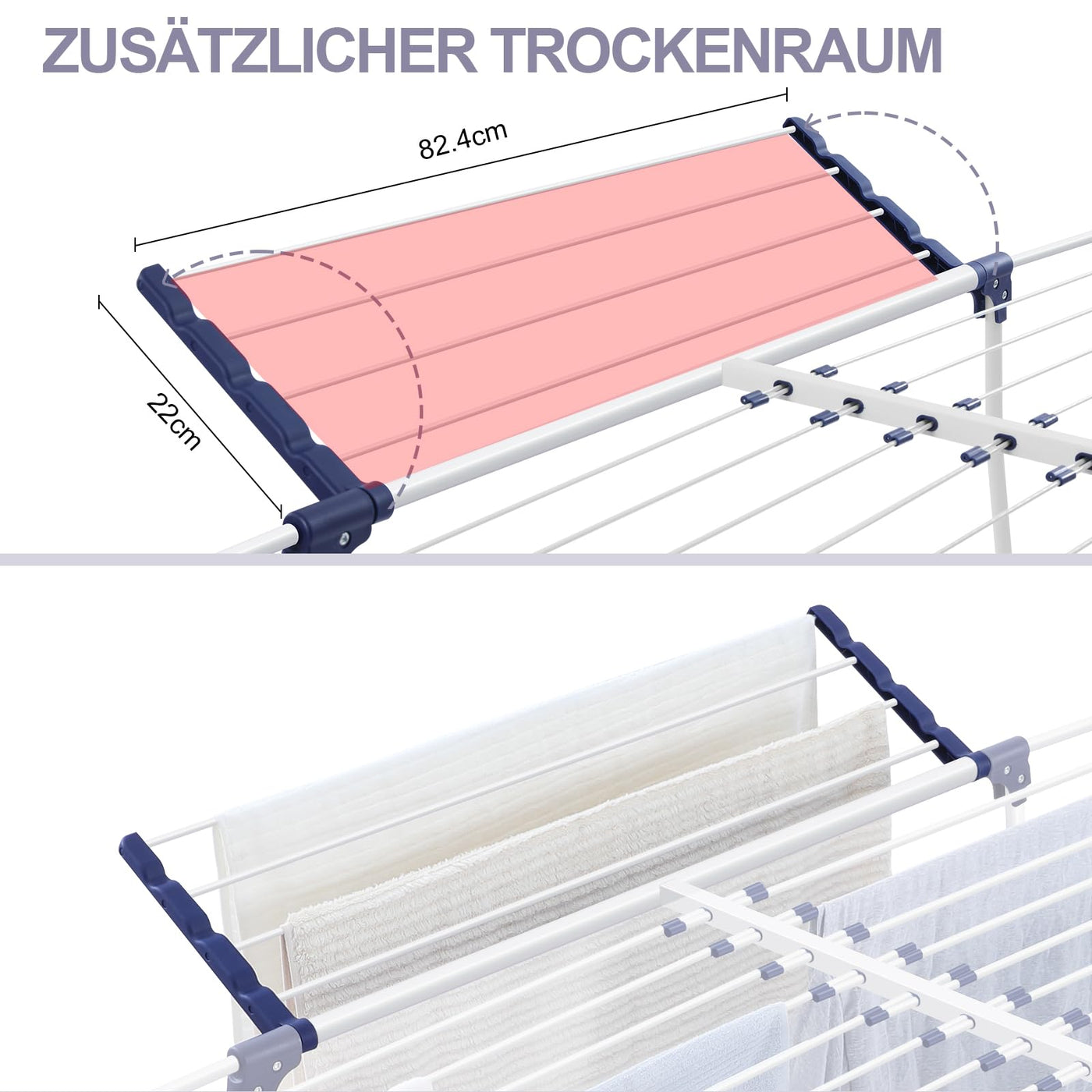 SYKIARIOL Wäscheständer, Flügelwäschetrockner, Standtrockner mit Flügeln, Ausziehbarer Klappbarer Wäscheständer mit Klammerbeutel und Sockenhalter, Für Kleidung und Handtücher Geeignet