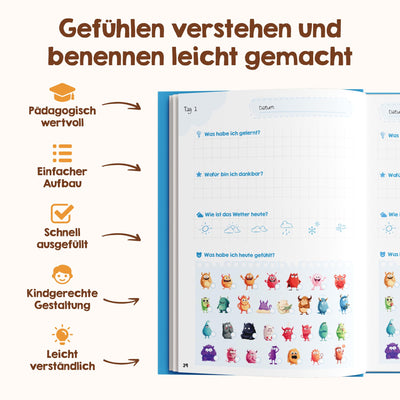 Edubini Gefühlstagebuch Kinder [6-12 Jahre] - Tagebuch Mädchen & Jungs - Gefühle Buch für Umgang mit Emotionen und ein gutes Gefühl, Dankbarkeitstagebuch für Kinder (inkl. 10 Spiele) (blau)