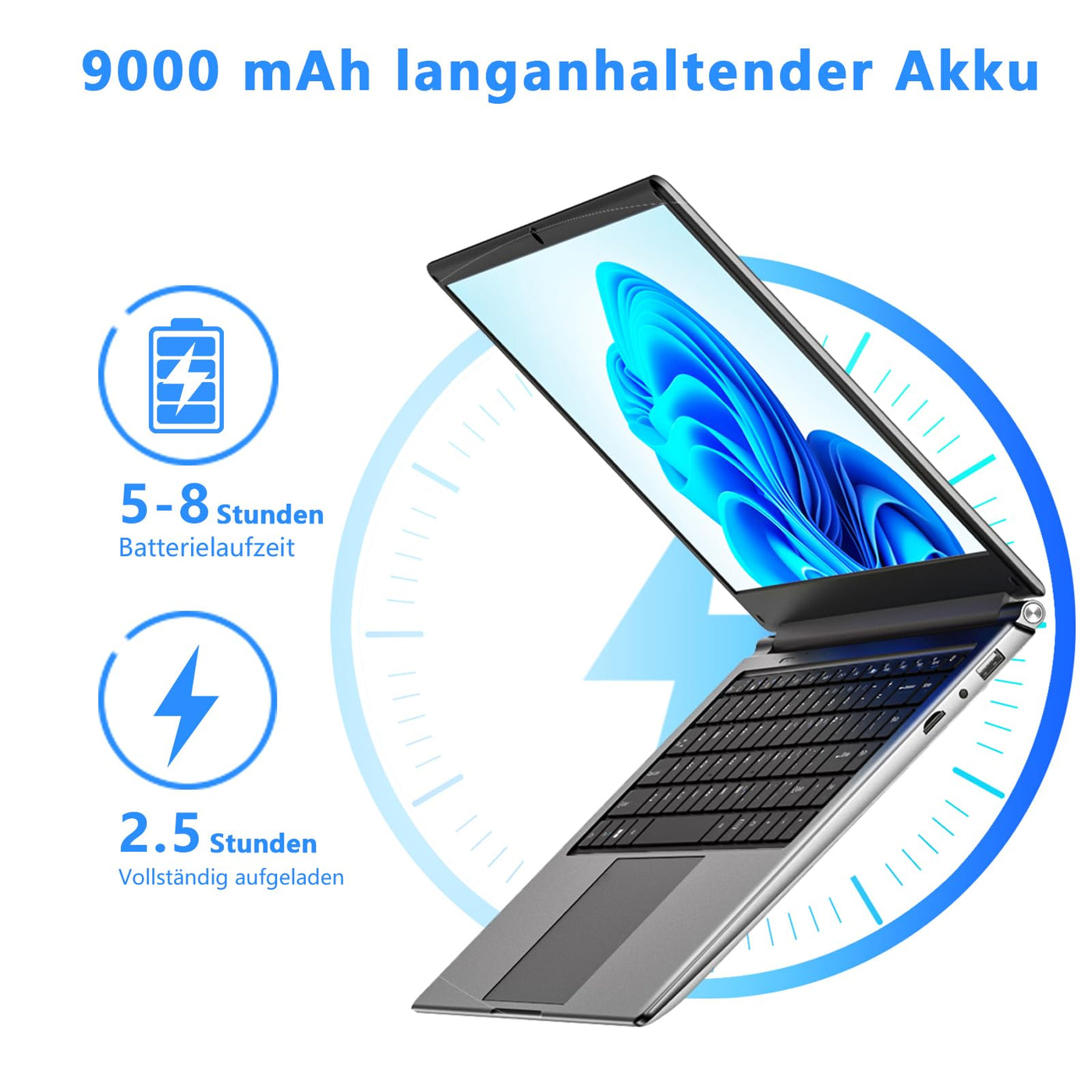 16-Zoll-Laptop, tragbarer Laptop mit 8GB DDR und 256GB SSD,erweiterbar auf 1 TB.Pentium-Quad-Core-Prozessor bis zu 2,64 GHz.9000-mAh-Akku.Mini-HDMI-Schnittstelle.Dualband-WLAN.Webcam.Schlanke Laptops