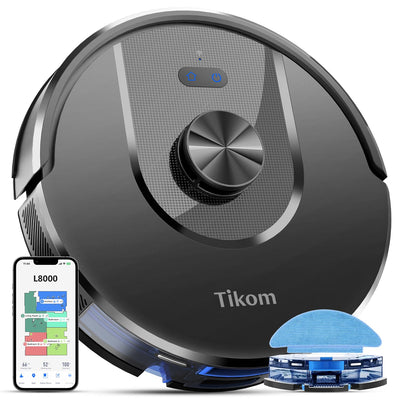 Tikom Saugroboter mit Wischfunktion, L8000 Staubsauger Roboter mit LiDAR-Navigation, 45dB Roboterstaubsauger, 150 Mins Max, 14 No-Go-Zonen, 20 Virtuelle Wand, Gut für Tierhaare, Teppich, Hartboden