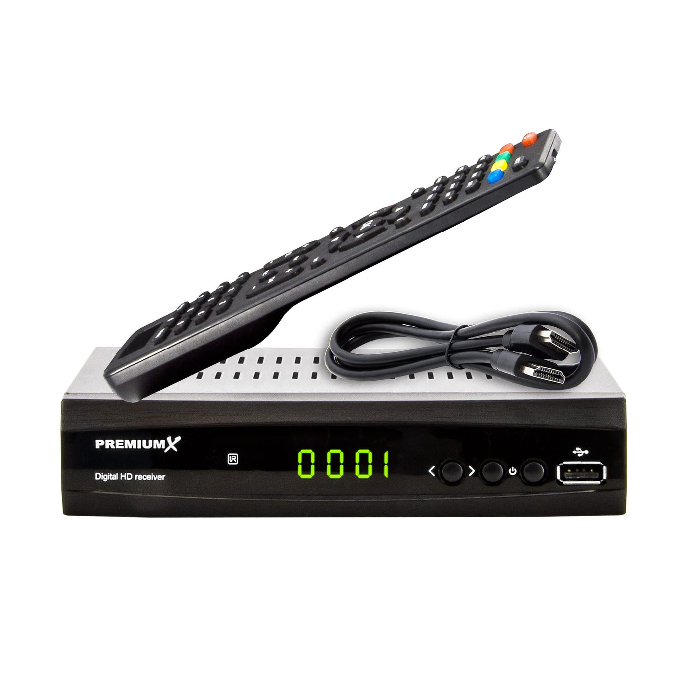 PremiumX Satelliten-Receiver HD 521 FTA Digital SAT TV-Receiver DVB-S2 FullHD HDMI SCART 2X USB Multimedia-Player, 12V Externe Netzteil