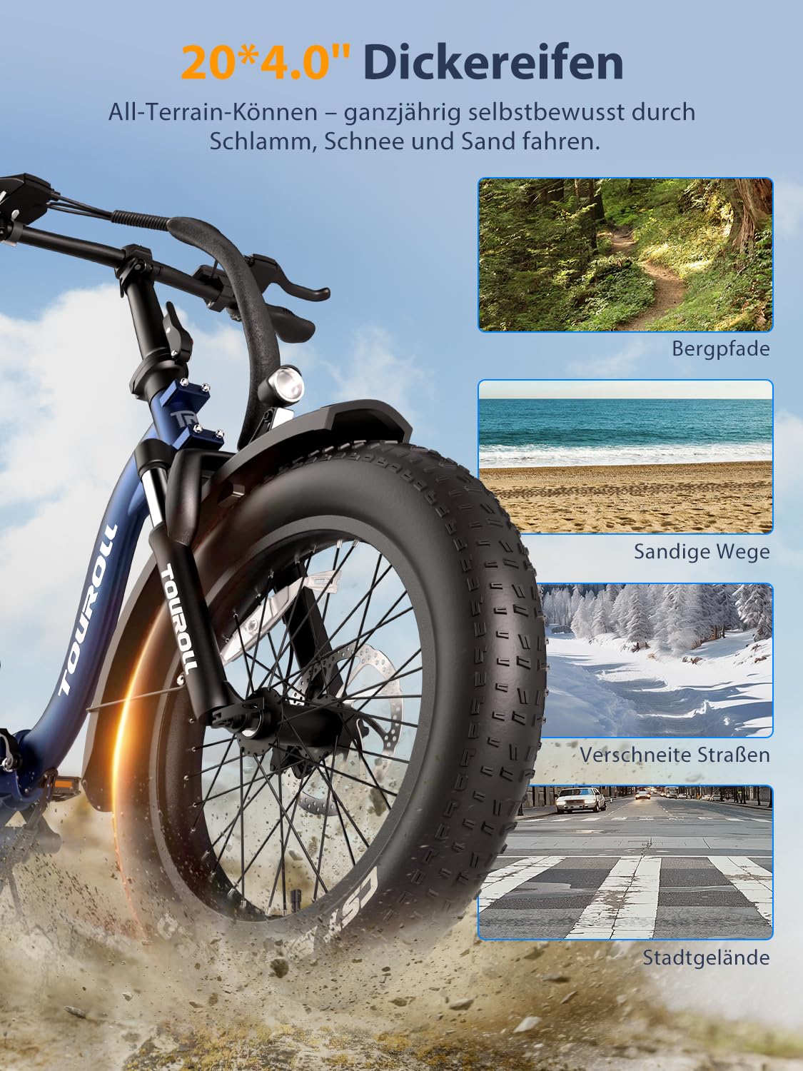 Touroll S2 E-Bike Klapprad Elektrofahrrad mit 20×4.0 Zoll Fat Tire, 48V 720Wh Akku für Lange Reichweite bis 120KM, 250W 55N.M Motor, 7-Gang-All-Terrain E-bike Herren Damen für MTB,Stadtpendler & Wildn