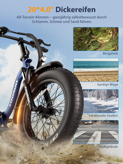 Touroll S2 E-Bike Klapprad Elektrofahrrad mit 20×4.0 Zoll Fat Tire, 48V 720Wh Akku für Lange Reichweite bis 120KM, 250W 55N.M Motor, 7-Gang-All-Terrain E-bike Herren Damen für MTB,Stadtpendler & Wildn