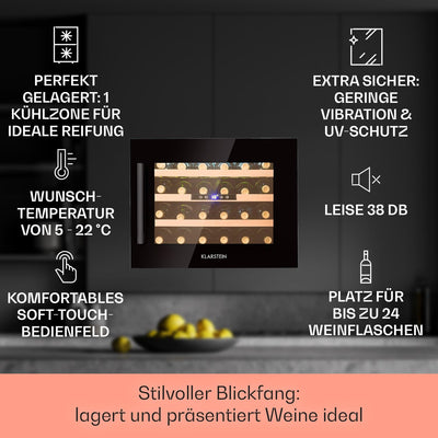 Klarstein Weinkühlschrank, 1 Zonen Getränkekühlschrank, Kleiner Einbau-Weinschrank Schmal, 57L Wein-Kühlschrank mit Glastür, Indoor/Outdoor Flaschenkühlschrank, Wine Fridge 5-22°C, 24 Flaschen