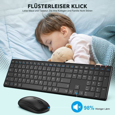 Tastatur Maus Set Kabellos, QCen 2,4GHz UltraDünn Kabellose Tastatur und Maus, Ergonomisch Funktastatur in Standardgröße mit 19 Sondertasten und einen Nummernblock, für PC, Laptop, Deutsches Layout