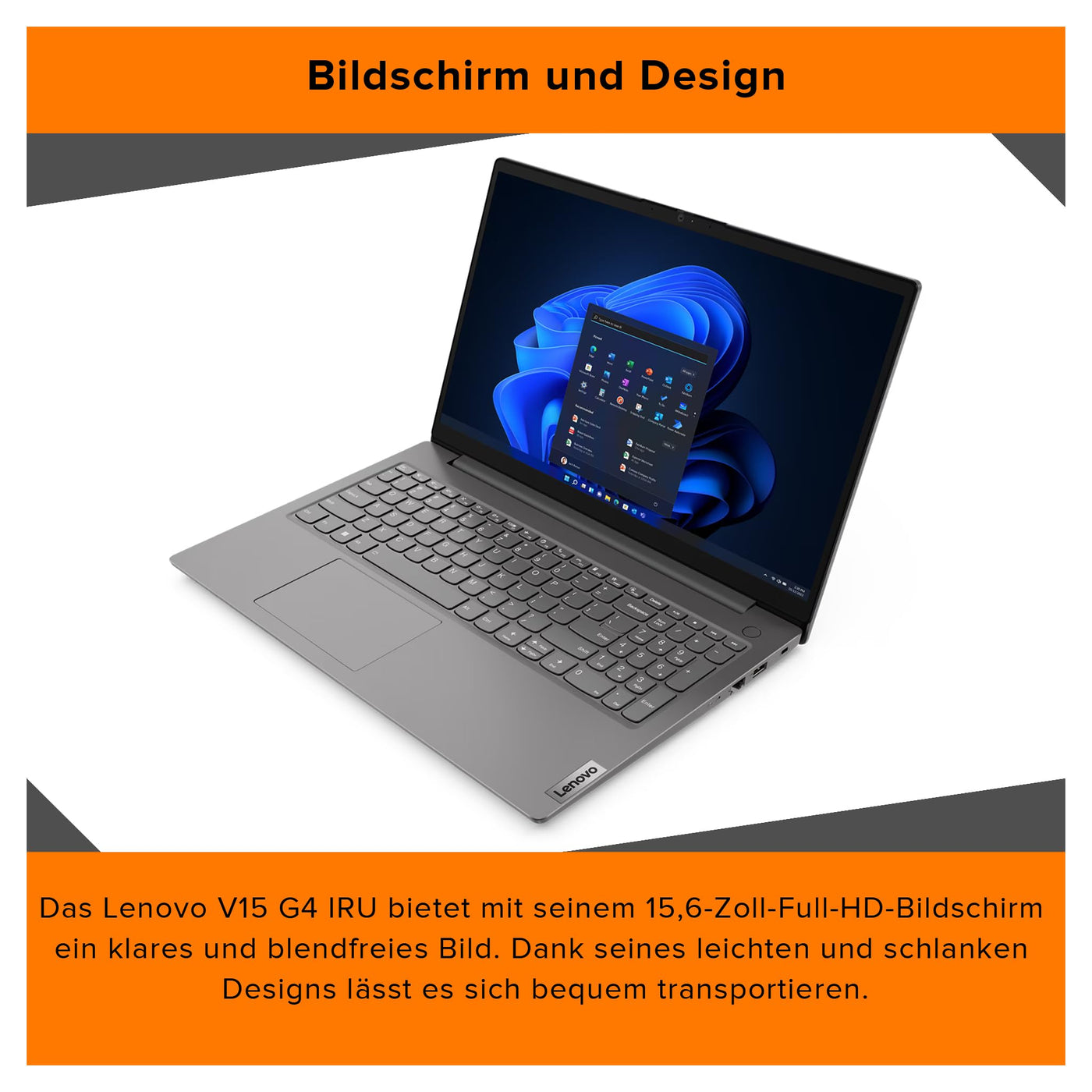 Lenovo V15 G4 IRU Laptop, Intel Core i5-13420H, 24 GB DDR4 RAM, 1 TB PCIe SSD, 15.6" FHD Display, Intel UHD Graphics, QWERTZ Tastatur, FreeDos, Iron Grey