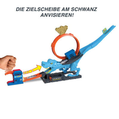 Hot Wheels City T-Rex Angriff - Geschicklickheit durch genaues Timing, Polizeiwache, Looping, Dinosaurier, Kreuz-Augen, für Kinder ab 4 Jahren, HNP77