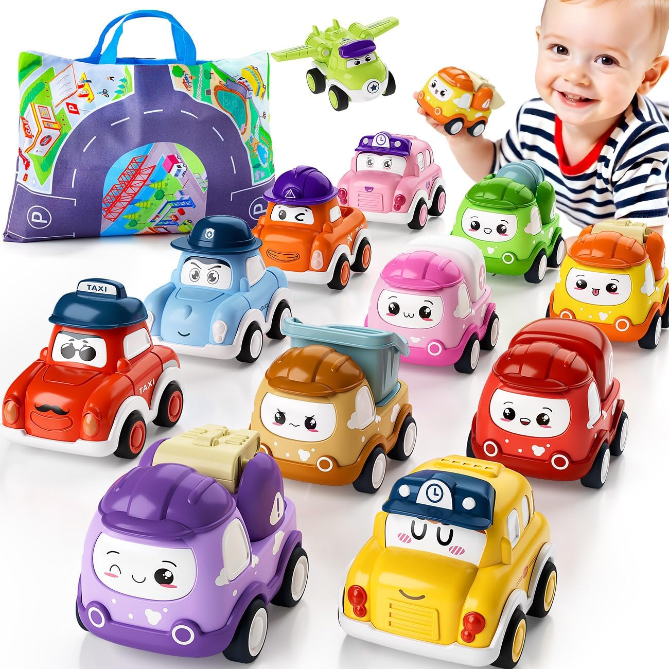 KmmiFF 12pcs Aufziehauto ab 1 Jahr, Mini Zurückziehen Spielzeugauto Set mit Spielmatte und Aufbewahrungsbox als Geburtstag Weihnachten Neujahr Geschenk für Jungen Mädchen Kinder 1 2 3 Jahre
