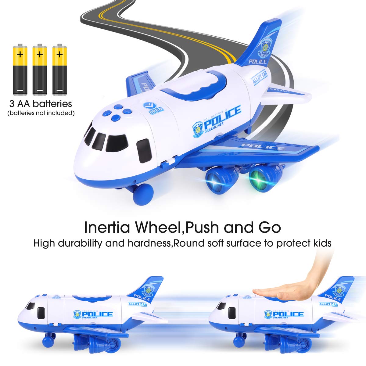 SHANNA Flugzeug Spielset Mit Trägheitsrad und Fahrzeugen - Lernspielzeug Set Mit 1 Großem Flugzeug, 4 Legiertes Auto für Kleinkinder Über 3 Jahre (Polizeiauto-Blau)