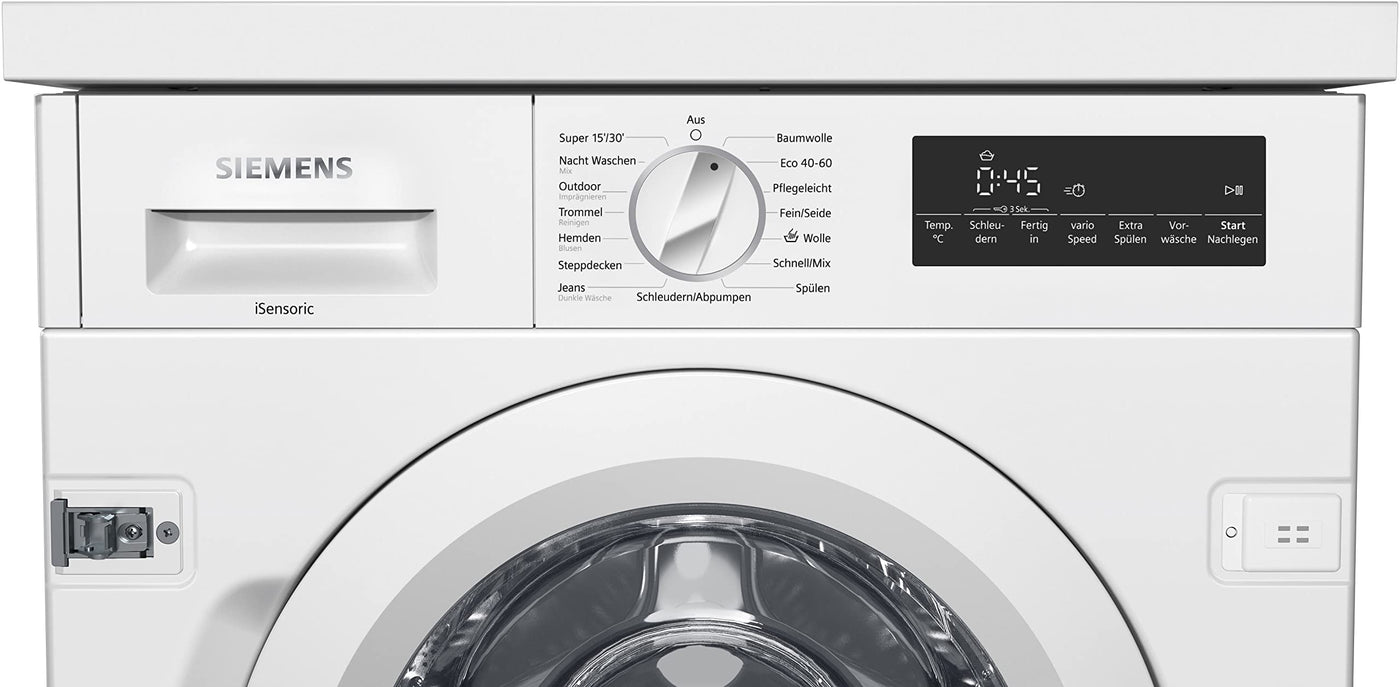 Siemens WI14W443 Einbau-Waschmaschine iQ700, Frontlader mit 8kg Fassungsvermögen, 1400 UpM, speedPack L, LED-Display, timeLight, Weiß, 60cm