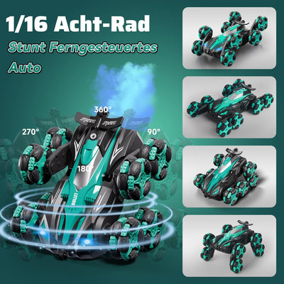 Ferngesteuertes Auto, 1:16 Auto mit Fernbedienung ab 5 6 8 Jahre, 2,4 GHz Stunt Auto Ferngesteuert mit Handsteuerung ab 6 Jahre, 8 Räder, Sprühnebel-LED-Musik, Spielzeug ab 4 5 6 7 8 9 Jahre Junge