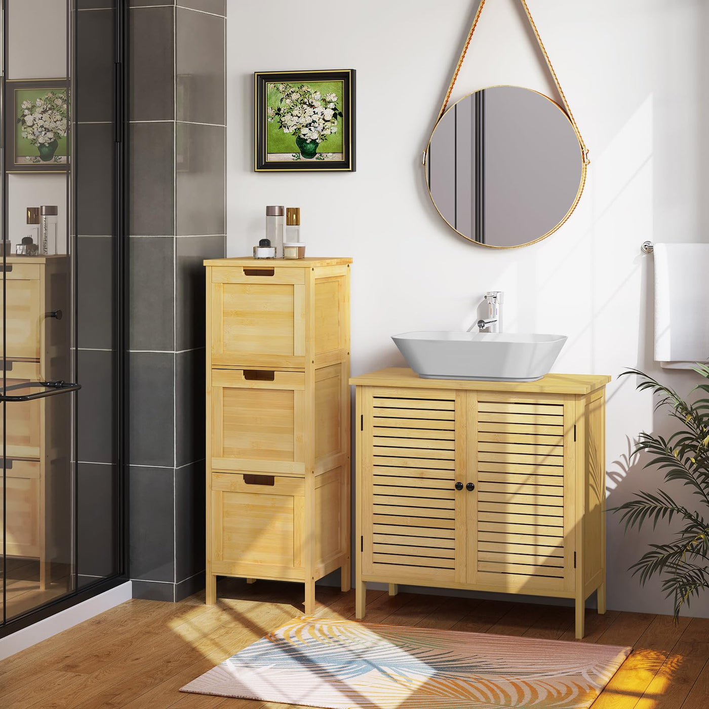 EUGAD Waschbeckenunterschrank, Badezimmer Unterschrank, aus natürlichem Material, Waschtischunterschrank, Badezimmerschrank mit 2 Lamellentüren 1 Verstellbarer Ablage, 60x60x30 cm