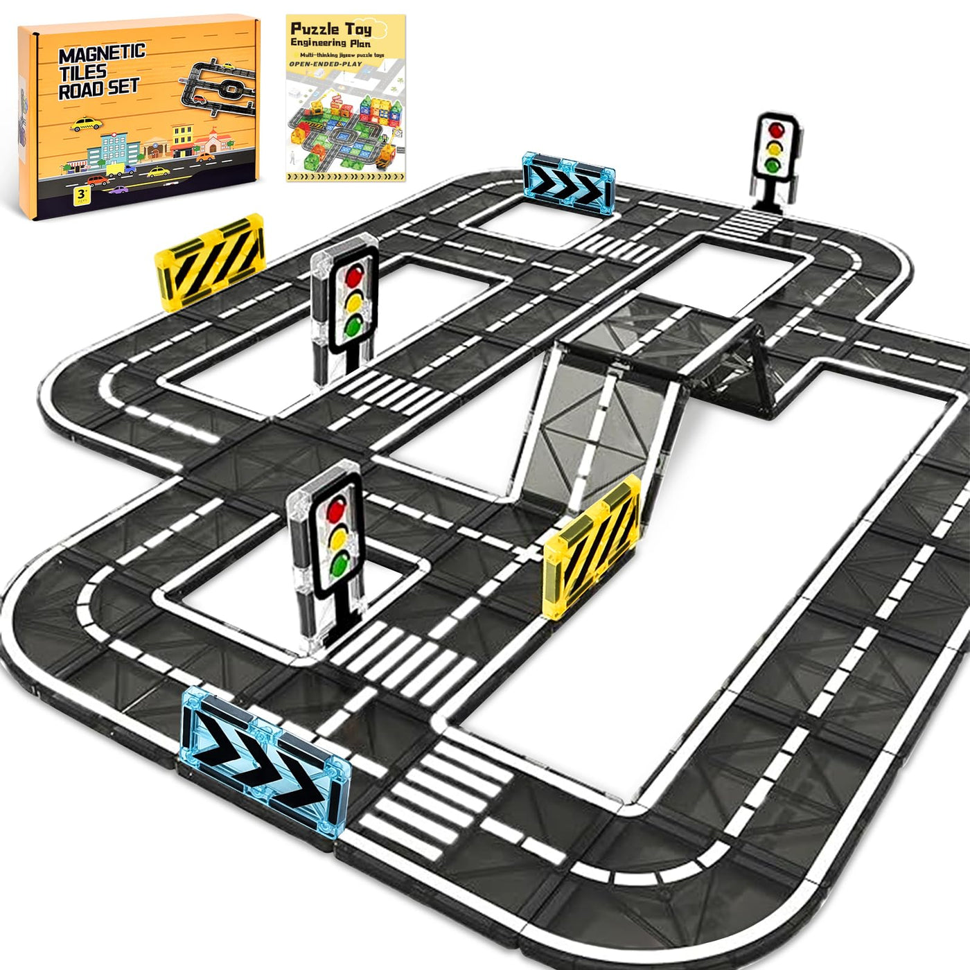 BuzzoXerex Magnetische Bausteine Straßenset, 50PCS Magnetische Fliesen Stadtstraßen, Magnetbausteine Straßenaufsatz-Set Lernaktivitäten Geschenk ab 3 4 5 Jahre