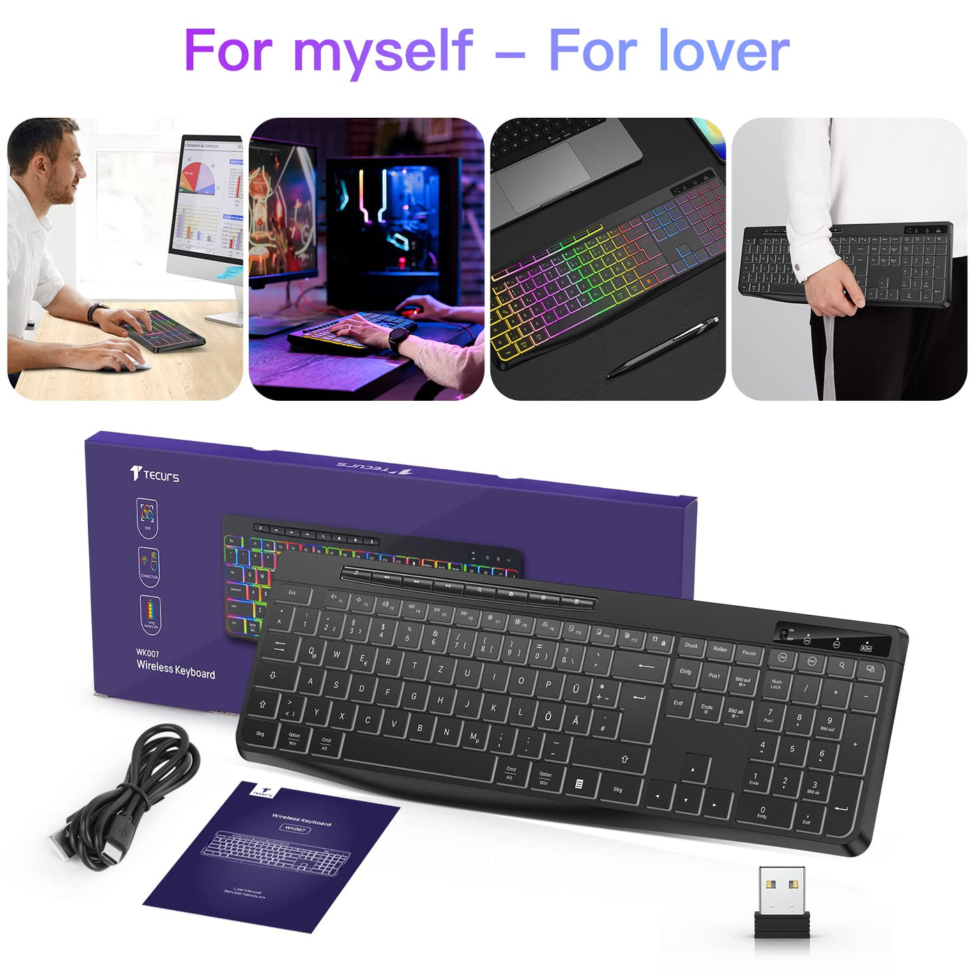 TECURS Tastatur Kabellose Gaming - Leise Tastatur QWERTZ Beleuchtet Ergonomisch Wasserdicht, 2.4Ghz Led Keyboard für Windows/Mac /PS4/ Xbox mit Multimedia-Tasten Schwarz