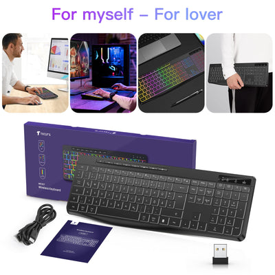 TECURS Tastatur Kabellose Gaming - Leise Tastatur QWERTZ Beleuchtet Ergonomisch Wasserdicht, 2.4Ghz Led Keyboard für Windows/Mac /PS4/ Xbox mit Multimedia-Tasten Schwarz