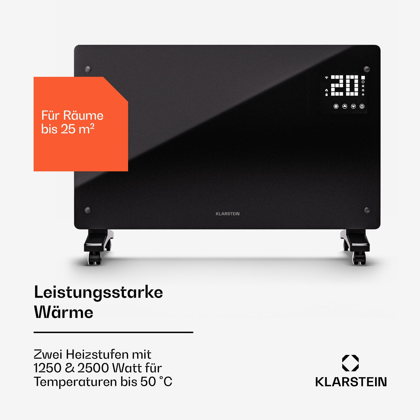 Klarstein Elektroheizung, 2500 W Konvektor Heizung Freistehend & Wandmontage, Elektroheizung Energiesparend mit App-Control & Bodenrollen, Heizung Elektrisch, Heizkörper Elektrisch mit Thermostat