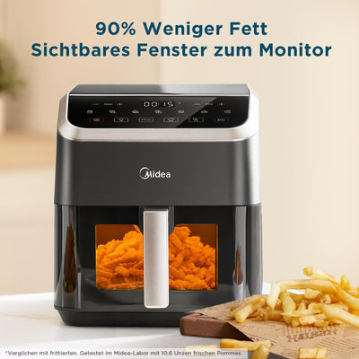 Midea Heißluftfritteuse 5L Fassungsvermögen, HeatXpress Technologie 90% weniger Öl, Energie- und Zeitersparnis mit 7 Voreinstellungen, Easy-View Fenster & Licht, Antihaft, Schwarz