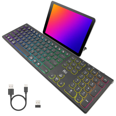 Rii Bluetooth Tastatur Kabellos, Gaming Tastatur Bluetooth mit QWERTZ, Tastatur Gaming Keyboard mit Halterung, Kabellose Tastatur Beleuchtet für PC/Tablet