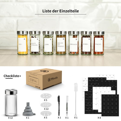 Miorkly 12 Gewürzgläser mit Streueinsatz-Hochwertiger Edelstahldeckel Gewürzdosen-Runder Gewürzstreuer-Transparenter Gewürzbehälter-Gewürze Set hat Gewürzgläser Rund, Ausgangssiebe et
