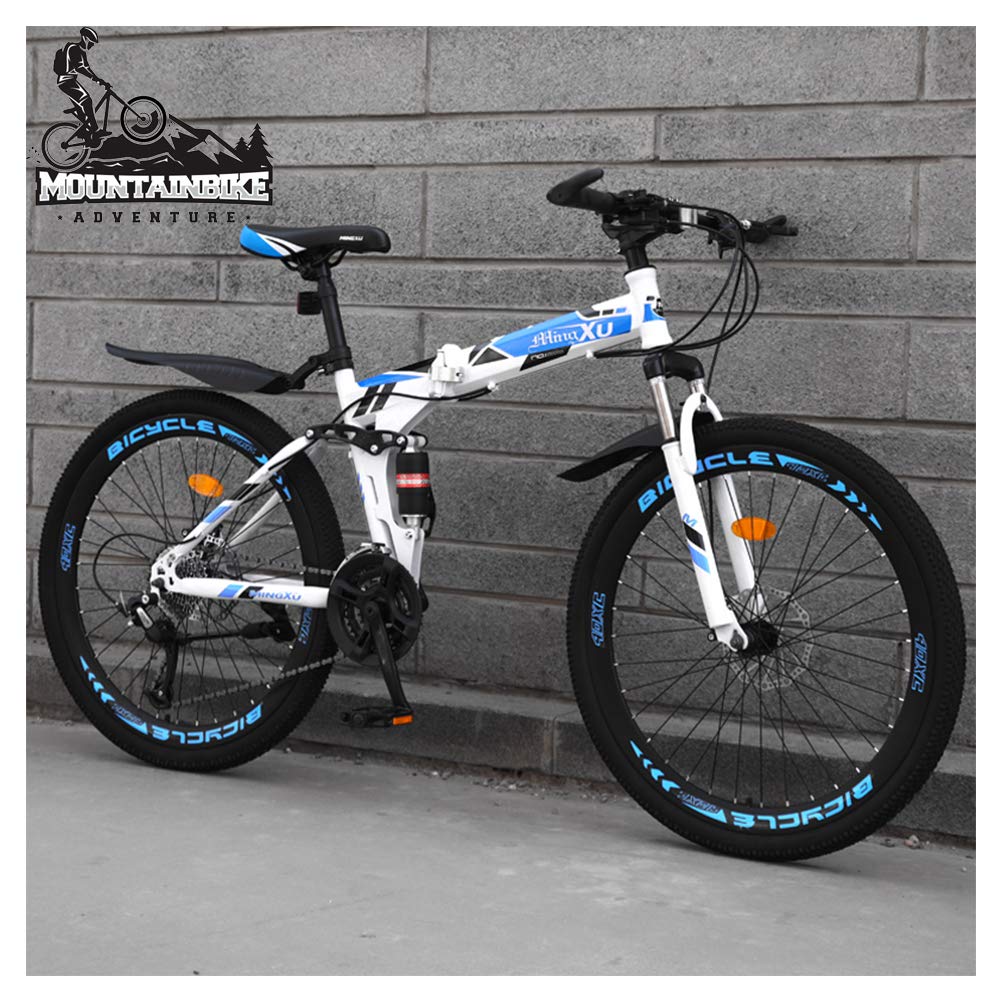 Wmmner 26 Zoll Mountainbike Für Erwachsene Männer Und Frauen, Doppelfederung Mountainbike Mit Scheibenbremsen, Faltbare High Carbon Stahlrahmen, Verstellbarer Sitz, Blaue Speiche, 27 Geschwindigkeit/B