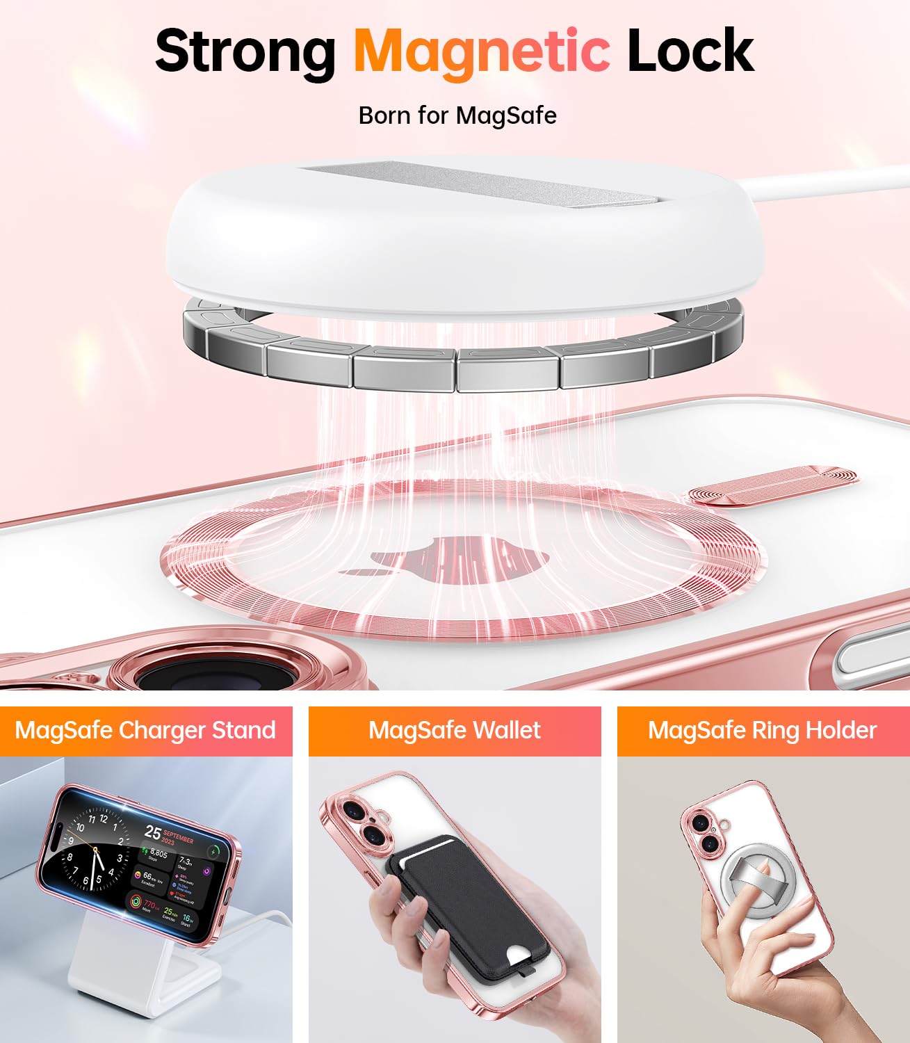 Meifigno Hülle Entwickelt für iPhone 16 Plus, [Kompatibel mit MagSafe][2 Displayschutzfolien] [Glitzerkarte & Handschlaufe] Vollständiger Kameraschutz Entwickelt für 6.7 Zoll Handyhülle, Roségold