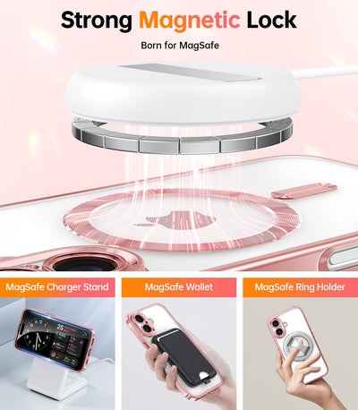 Meifigno Hülle Entwickelt für iPhone 16 Plus, [Kompatibel mit MagSafe][2 Displayschutzfolien] [Glitzerkarte & Handschlaufe] Vollständiger Kameraschutz Entwickelt für 6.7 Zoll Handyhülle, Roségold