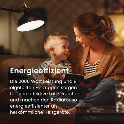 Pro Breeze Tragbarer Ölradiator, 8 Elemente, 2000 W, mit 3 Heizleistungen, einstellbarer Thermostat, 24-Stunden-Timer, energiesparende elektrische Heizung