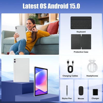 Tablet, Android Tablet 11 Zoll mit 24GB RAM + 128GB ROM (1TB TF), Octa-Core, Widevine L1, WiFi 6 & BT 5.3, 6800mAh Akku, Dual Kamera – Tablet mit Tastatur, Maus, Stift & Hülle