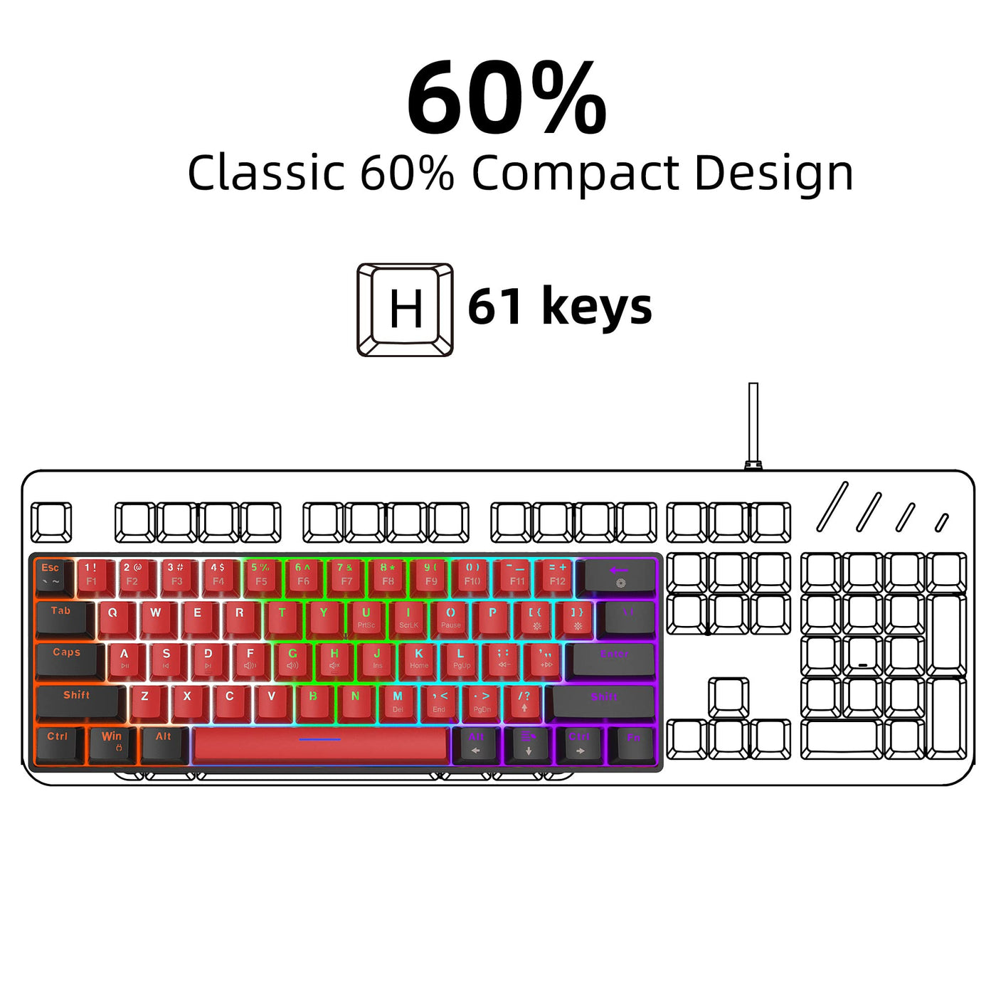 Snpurdiri 60% kabelgebundene mechanische Gaming-Tastatur, 61 Anti-Ghosting-Tasten, RGB-Hintergrundbeleuchtung, ultrakompakte Zwei Ständer (Blauer Schalter/Schwarz Rot)