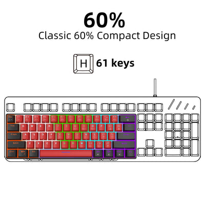 Snpurdiri 60% kabelgebundene mechanische Gaming-Tastatur, 61 Anti-Ghosting-Tasten, RGB-Hintergrundbeleuchtung, ultrakompakte Zwei Ständer (Blauer Schalter/Schwarz Rot)