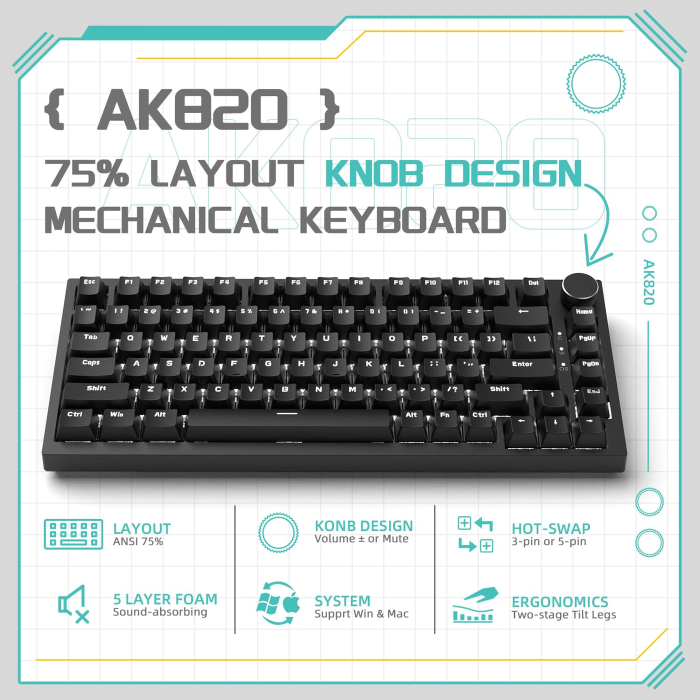YINDIAO Ajazz AK820 Mechanische Tastatur mit Knopf,75% ANSI-Layout, 81 Tasten,Kabelgebundene Gaming-Tastatur,Verbesserte Dichtungsmontage,Roter Hot-Swap-Schalter,Eisweißes Licht,für PC,MAC (Schwarz)