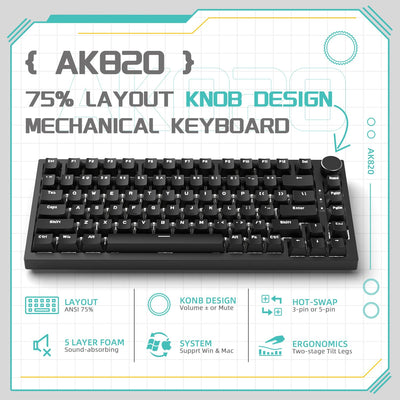 YINDIAO Ajazz AK820 Mechanische Tastatur mit Knopf,75% ANSI-Layout, 81 Tasten,Kabelgebundene Gaming-Tastatur,Verbesserte Dichtungsmontage,Roter Hot-Swap-Schalter,Eisweißes Licht,für PC,MAC (Schwarz)