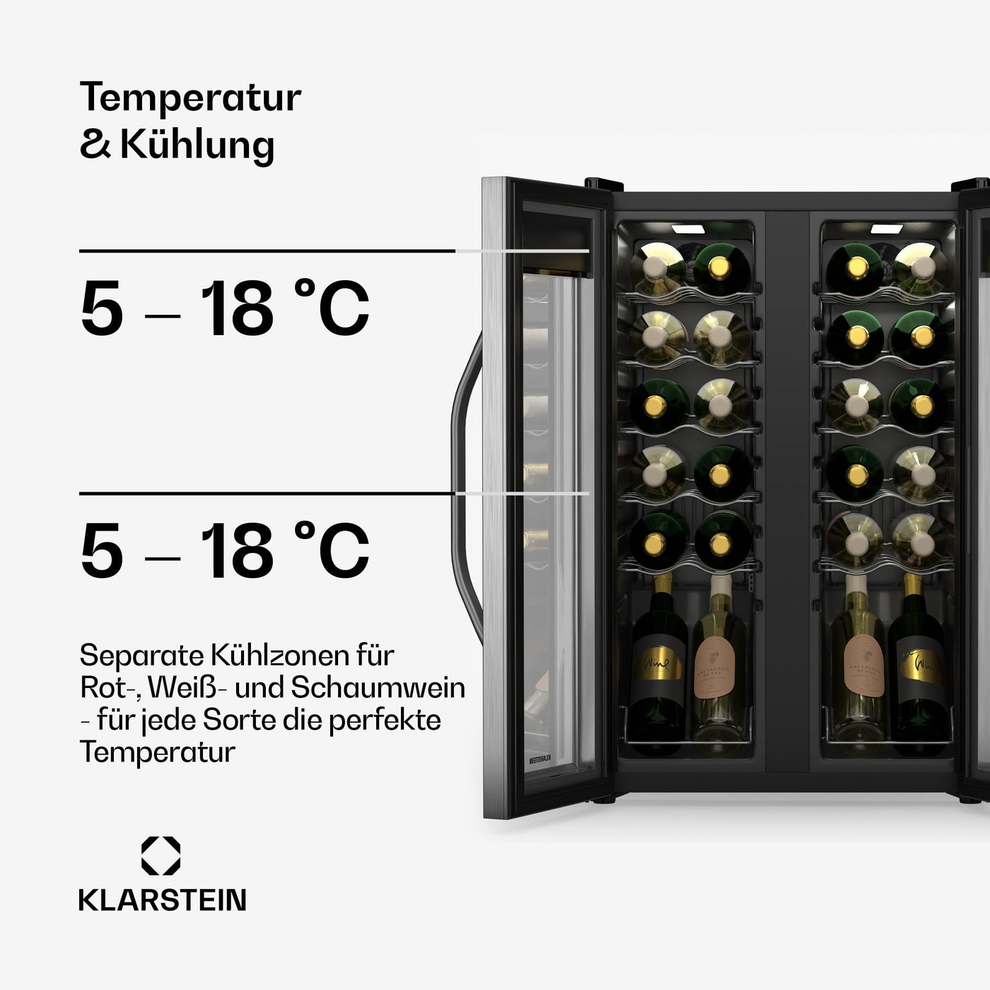 Klarstein Vinamour Weinkühlschrank 2 Zonen - 24 Flaschen, 5-18 °C, Touch-Steuerung, LED-Beleuchtung, Freistehend, Edelstahl-Doppeltür, Weinklimaschrank