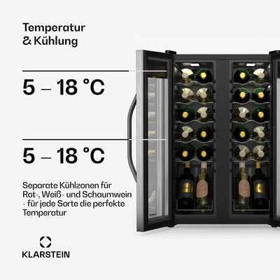 Klarstein Vinamour Weinkühlschrank 2 Zonen - 24 Flaschen, 5-18 °C, Touch-Steuerung, LED-Beleuchtung, Freistehend, Edelstahl-Doppeltür, Weinklimaschrank