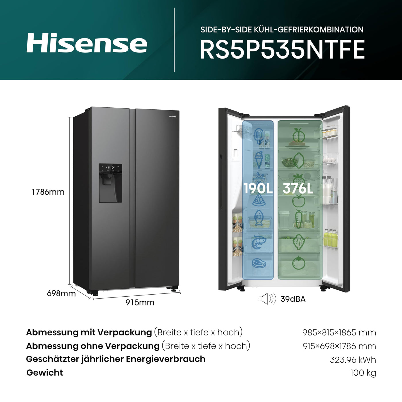 Hisense RS5P535NTFE Side-By-Side Kühl-Gefrier-Kombination, 376 Liter Kühlteil, 190 Liter Gefrierteil, Total NoFrost, Multi AirFlow, FastFreeze, Energieeffizienzklasse E, 178,6cm x 91,5cm, schwarz