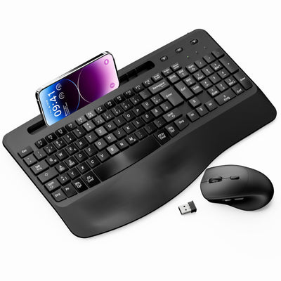 Kabelloses Ergonomisches Tastatur und Maus Set, Moojay 2,4G Wiederaufladbares Quiet Wave Tastatur und Maus Set in Voller Größe mit Handballenauflage und Telefonhalter für Laptop/PC/Mac/Windows–Schwarz