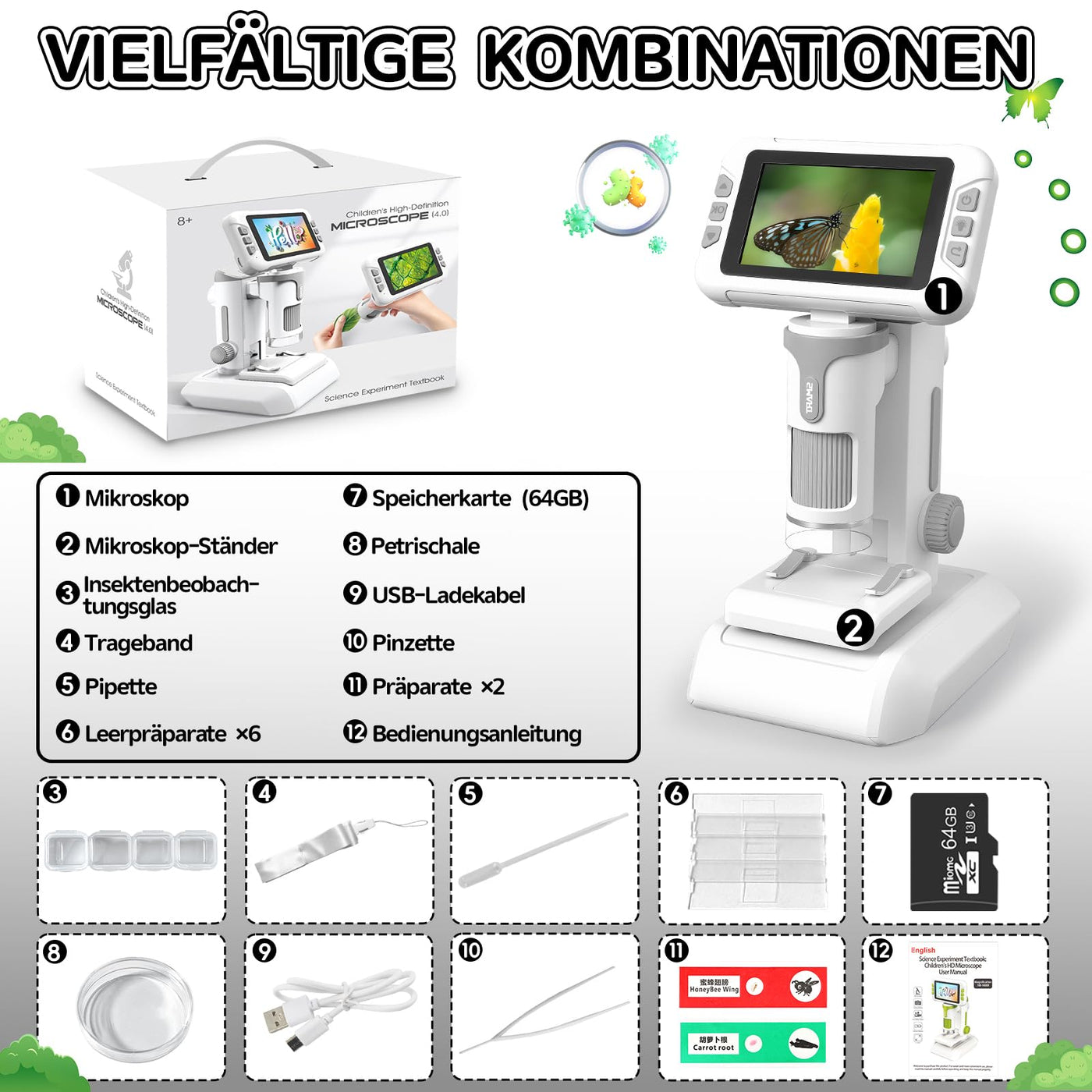 Charmofun Mikroskop für Kinder, Digitales Mikroskop mit 4 Zoll LCD-Display und 1600X Große Vergrößerung, Microscope for Kids mit 64GB Speicherkarte, Foto-und Videoaufnahme, Hand-und Stativfunktion